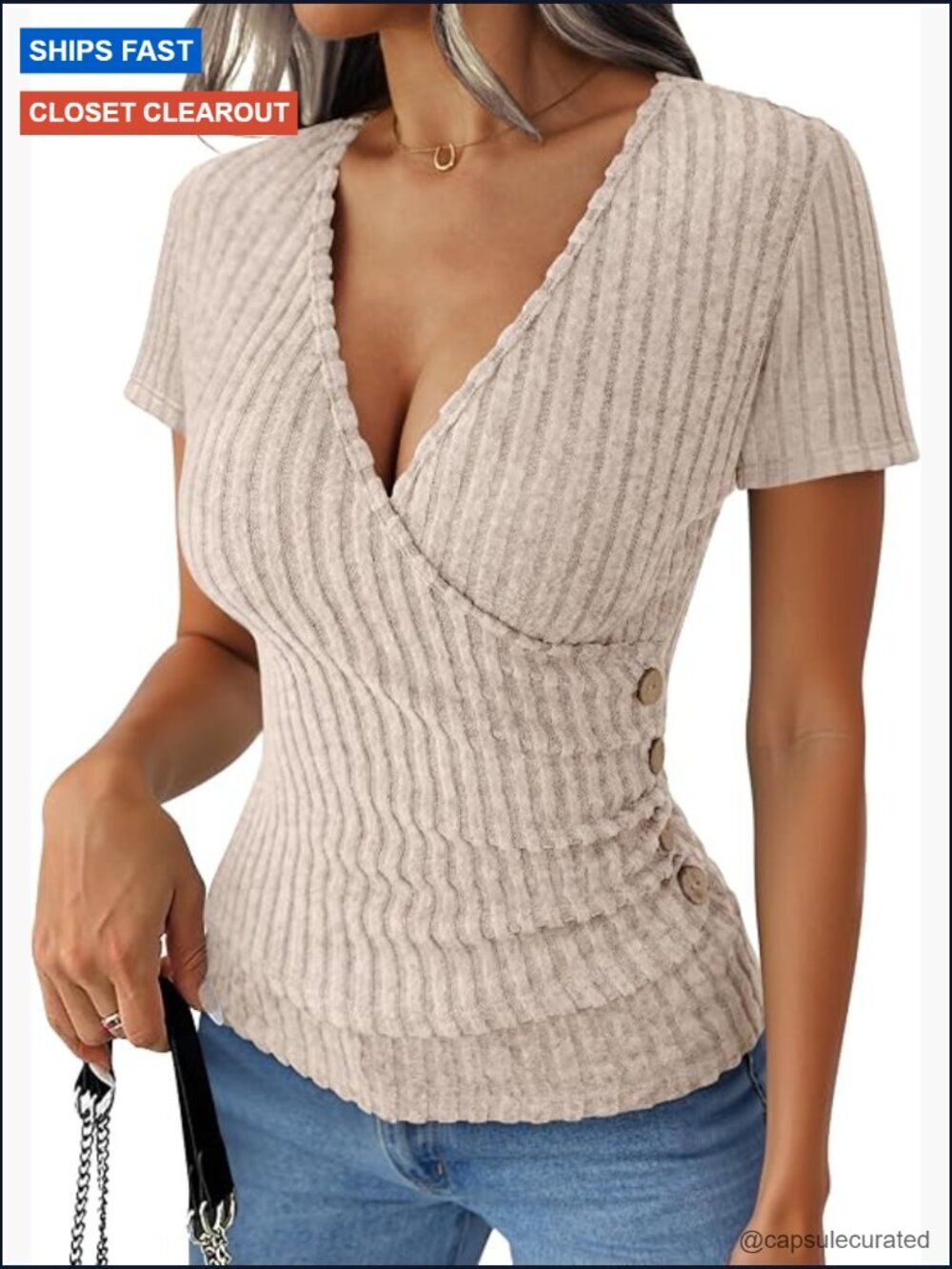 Slim Fitted Wrap V Neck Top Short Sleeve Soft Blouse